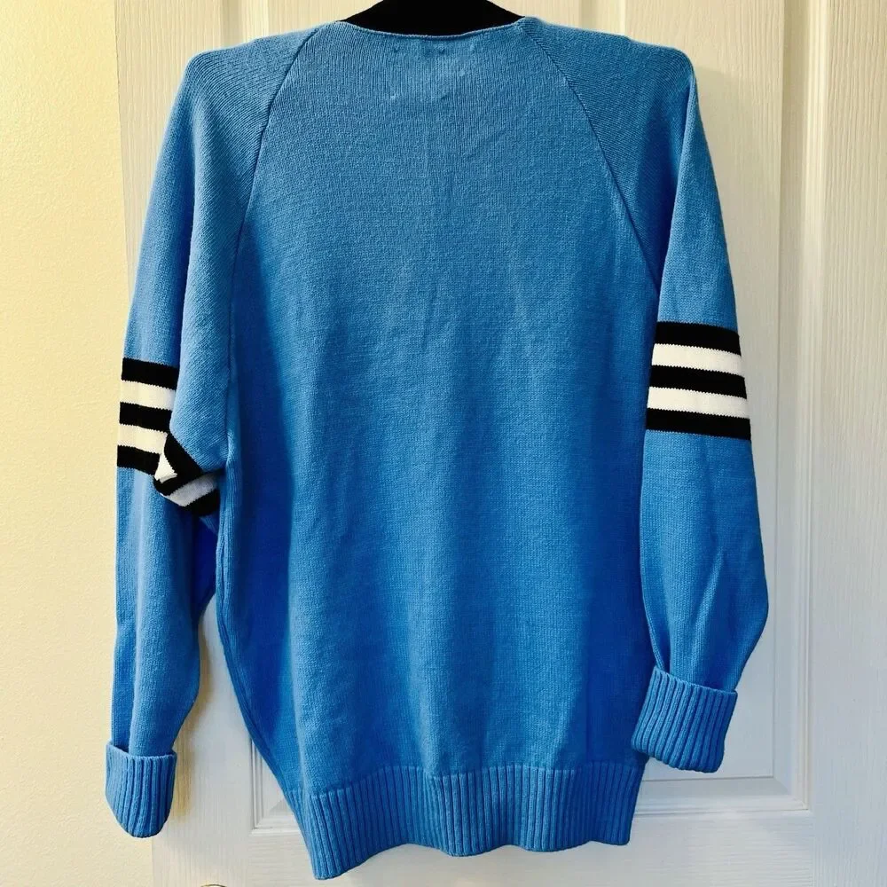 Vtg Varsity Cardigan Sweater L Blue Cheerleader Supply USA Orlon Acrylic Stripes